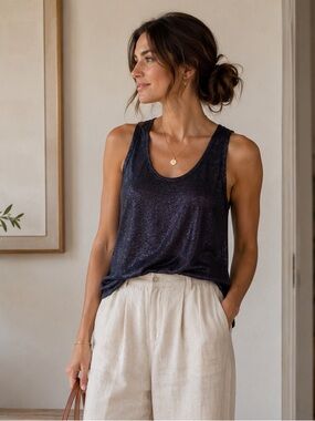 J.Crew 100% Linen Metallic Navy Tank Top Medium Shimmer Sleeveless Summer
